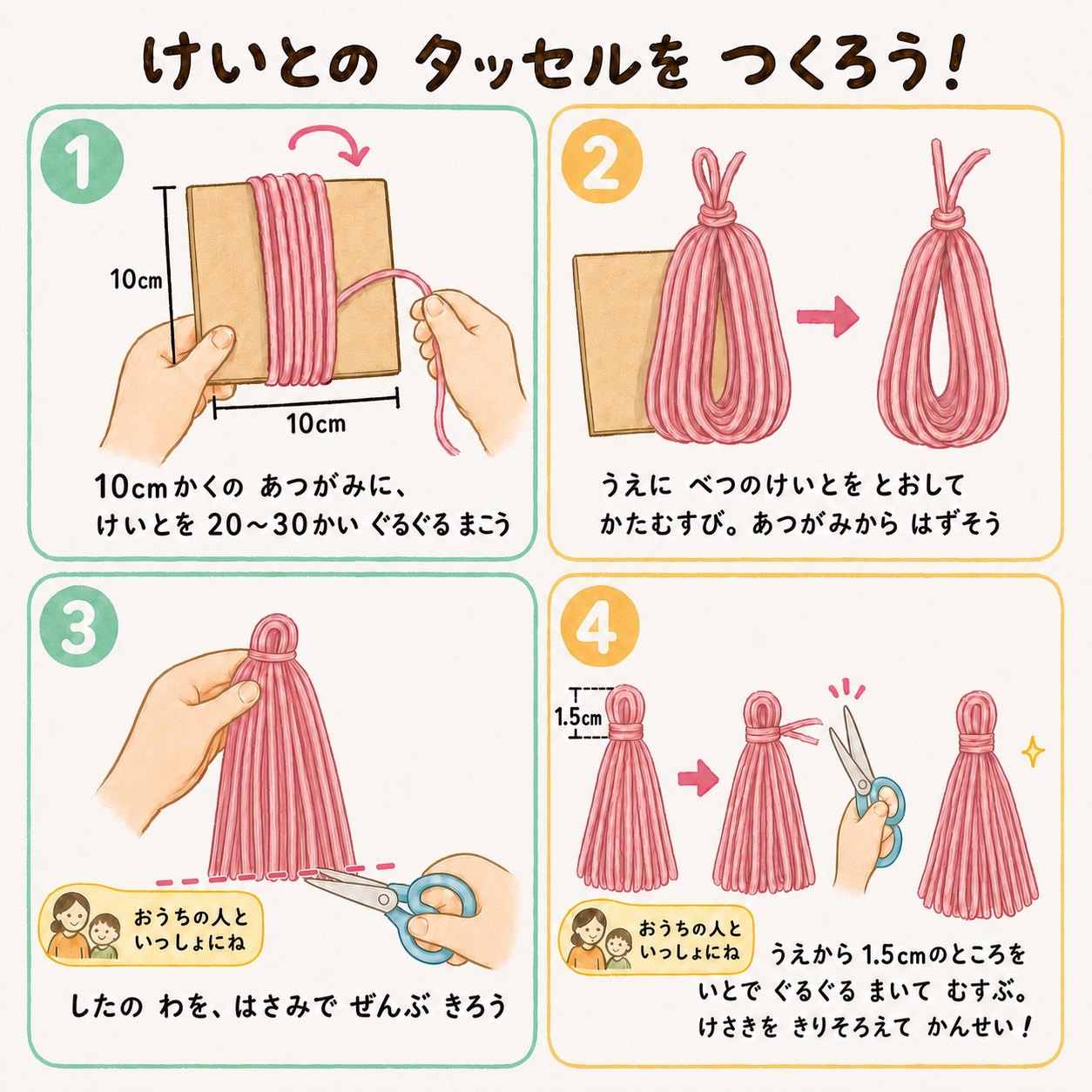 毛糸のタッセルの作り方4ステップのイラスト